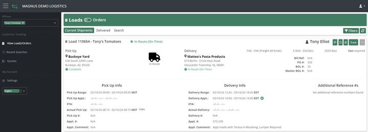 The Magnus TMS has a customer tracking portal that delivers real-time shipment visibility with dynamic ETAs. - Photo: Magnus