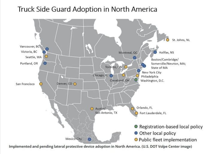 Map of trailer under-ride protection laws in the United States.